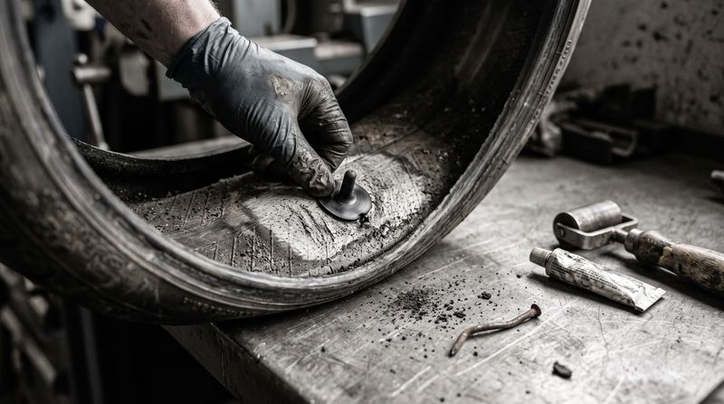 Reifenreparatur von innen: Reparaturpilz wird auf die aufgeraute Innenseite gesetzt, daneben der entfernte Nagel